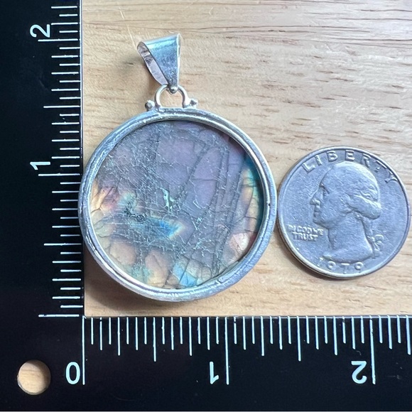 New Color Enhanced Labradorite Round Silver Overlay Pendant Necklace with Cord - Picture 5 of 9